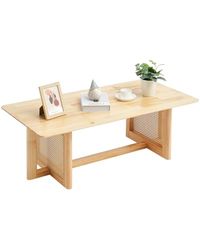 VEVOR Rattan Coffee Table, Rectangle Rattan Woven Wood Coffee Table with Rubber Wood Top, 47-Inch Modern Boho Storage Coffee Table with Natural Wood Legs, for Living Room, Bedroom & Small Spaces