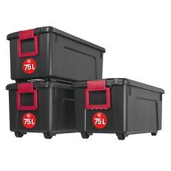 Iris Ohyama, Conjunto de 3 grandes caixas de armazenamento para bricolage, 75 l, com fecho de pressão, empilhável, garagem, jardim - Store it All Box SIA-75 - preto