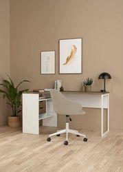 Dmora Corner Desk with Two Drawers, White and Oak, 145 x 76 x 81 cm