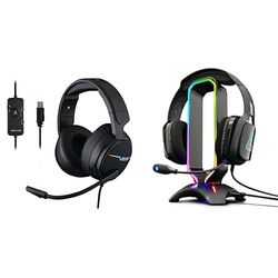 The G-Lab Korp Thallium Casque Gaming USB Son 7.1 Digital Surround & K-Stand Radon Support pour Casque/Micro-Casque Gaming - Rétro-éclairage RGB, Hub USB 2 x 2.0, Base antidérapante