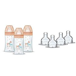 Dodie Lot de 3 Biberons Anti-Colique Sensation+ en verre, 270mL,0-6 Mois, tétine plate, Débit 2 & Lot de 4 Tétines Plates anti-coliques Sensation Débit 3 - rapide