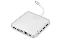 DIGITUS Estação de ancoragem multiporta - USB-C Dock 11 portas - HDMI mDP VGA, RJ45, 3 x USB 3.0 - porta de carregamento, leitor de cartões - prateado