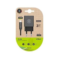 Oplader Tech One Tech 2.4 dubbele USB + gevlochten nylon kabel Micro USB Android lengte 1 m zwart