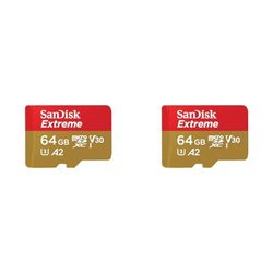 SanDisk Extreme microSDXC card plus SD adapter plus RescuePRO Deluxe, up to 170 mB/s, with A2 App Performance, UHS-I, Class, 10, U3, V30, Yellow, 64GB (Pack of 2)