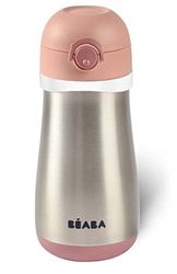 BÉABA, Cantimplora/Vaso Infantil de Acero Inoxidable 2 en 1 con Pulsador para Facilitar la Apertura - Sólido, Saludable, Asas extraíbles, Conservación de Frío/Calor, 350 ml, Rosa