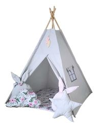 Tipoo Tipi-tent, roze bloemen, hazen en houten beugel, stabilisator, venster