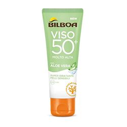 Bilboa, Solskydd Ansikte Aloe Sensitive SPF 50+, hög solkräm för känslig hud, formel med Aloe Vera, skyddar och återfuktar känslig hud, alkoholfri, vattentålig, 50 ml