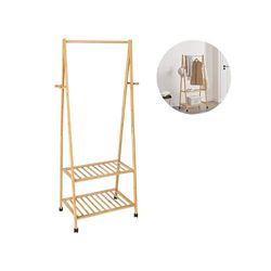 Avilia Vertical Coat Rack with 2 Shelves and Wheels – Coat Rack for Entrance with Shelves and Hooks, in Bamboo, 76.5 x 165 x 43.5 cm