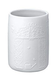 WENKO Gobelet Garden - Porte-brosse à dents pour la brosse à dents et la pâte dentifrice, Céramique, 7.5 x 10.5 x 7.5 cm, Blanc