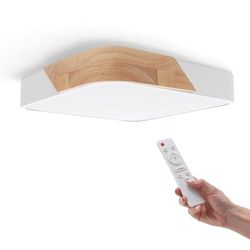 M Ledme - Plafonnier LED Carré Blanc 24W avec Télécommande, Réglable 2700K-6500K du Blanc Froid au Blanc Chaud et Intensité, 2400LM, Design Blanc avec Bois Naturel, pour Salle de Bain, Cuisine