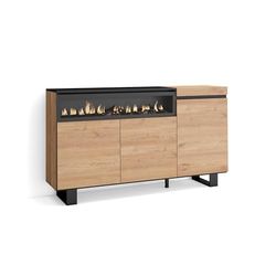 Skraut Home | Dressoir, Opbergkast | Buffetkast, Sideboard | 150x87x35cm | 3 Deuren | Elektrische haard | Industrieel design | Moderne stijl | Eiken/Zwart