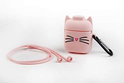 Funny Earbuds Cases Funda Protectora de Silicona para auriculares inalambricos - Diseño Gato Rosa, con cuelga auriculares y mosquetón Anti pérdida, Compatible con 1 & 2