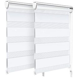 VOUNOT Set of 2 Zebra Roller Blind Double Fabric, Day and Night Translucent or Blackout Vision Curtains, No Drilling for Window and Door, White, 55 x 150 cm