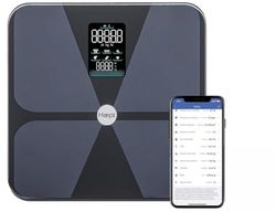 Haepi – Báscula de mano conectada Bluetooth – Análisis de 15 datos (BMI, grasa, hueso, músculo, agua) – Garantía de 15 años – Negro – Cristal – Digital – 180 kg – Impedancia conectada