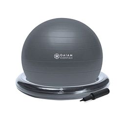 Gaiam Essentials Balance Ball & Base Kit, 65 cm Yoga Ball Stoel, Oefenbal met Opblaasbare Ring Base voor Thuis of Kantoorbureau, Inclusief Luchtpomp - Grijs