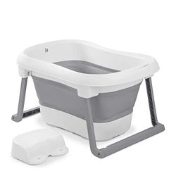 Hauck Baignoire Bébé avec Siège Wash N Fold L Baignoire Pliable Bébé jusqu'à 18 kg, Bouchon Change de Couleur à Température Élevée, Bassin de Douche Portable, Drainage Rapide - Blanc Gris