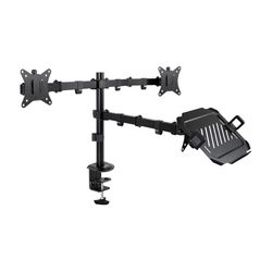VoltShine Support de Table pour 2 écrans et 1 Ordinateur Portable, 2 Bras réglables, Compatible avec écrans de 17"-32", Couleur Noire, idéal pour optimiser l'espace de Travail.