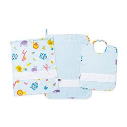 FILET - Set Jardín de Infancia Tres Piezas Con Tela Aida para Bordar, Compuesto de Bolsa, Toalla y Babero de Esponja Blanca, 100% Algodón, Made in Italy, Fantasía Letras y Animales Fondo Blanco