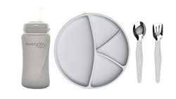 Everyday Baby Drink- en eetset II, vanaf 6 maanden, 1 glazen fles met rietje Straw Cup (240 ml), 1 lepel, 1 vork, 1 siliconen bordje, quiet grey, 4 stuks, 30821 0303 01