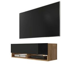 Selsey Wander - TV-board/televisiekast voor woonkamer hangend/staand, optioneel met led, 100 cm (houtlook Wotan eiken/zwart hoogglans, zonder LED)