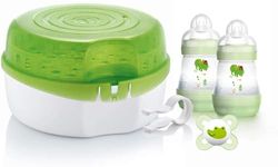 MAM Microwave Steam Steriliser, Comes with 2 x MAM Easy Start Self Sterilising Anti-Colic Baby Bottles and Baby Soother, Bottle Steriliser for Babies