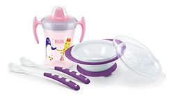 NUK Set de aprendizaje | Vaso para aprender a comer (230 ml) | Cuenco y cuchara para aprender a comer | A partir de 6 meses | Sin BPA | Morado | 4 piezas