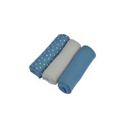 Bébé Douceur, Set of 3 Swaddles 100% Cotton Gauze 1 Print/2 Plain 70 x 70 cm Dark Blue/Grey
