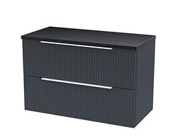 Hudson Reed DFF1495LSB Fluted Modern Bathroom Wall Hung 2 Drawer Vanity Unit with Sparkle Black Laminate Worktop, 800mm, Soft Black