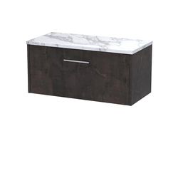 Hudson Reed JNU2625LCM Juno Modern Bathroom Wall Hung Single Soft Close Drawer Vanity Unit and Carrera Marble Laminate Worktop, 800mm, Metallic Slate