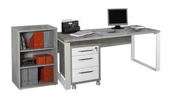 Composad | Escritorio, cajonera y librería Baja con 2 estantes de la línea de diseño, Juego de 3 Muebles para Oficina, Oficina Moderna, Color Gris Cemento y Blanco Lacado, Made in Italy