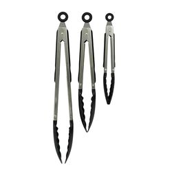 Zenker Kitchen Tongs, Pack of 3, Plastic Scalloped Function Head, Small Medium Large, Push Pull Locking, Non-Slip Easy Grip Handle, Heat-Resistant, Serving Buffet Salad BBQ Ice, Black & Silver