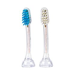 emmi-dent 2 Têtes de Brosse à Dents E2 (1 bleue+1 blanche) I Brosses de Rechange Forme standard (Dureté Équilibrée, Poils Droits) pour Brosses à Dents à Ultrasons emmi-dent Metallic & Professional