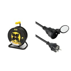 Stak REELART-FR-25 Enrouleur Electrique Professionnel, Water Proof IP44 Cable 25m en Caoutchouc 3G2. & Electraline 200123 Prolongateur Jardin avec clapet étanche 16 A 5 m Noir - Section 3G2,5 mm²