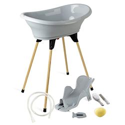 THERMOBABY - Pack Bain Bébé Vasco 7 en 1 Gris - Baignoire + Pied + Vidange + Transat de bain réglable + Thermomètre + Eponge + Brosse et peigne - Fabriqué en France