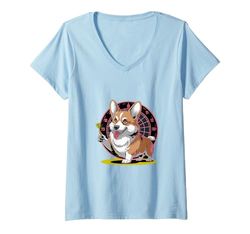 Donna Un Corgi Giocare Freccette Gioco Giocatore Sportivo Maglietta con Collo a V