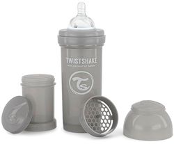 Twistshake Biberão anticólicos com depósito para leite e misturador, 260 ml, tetina de silicone com fluxo médio estilo peito, livre de BPA, adequado para bebés a partir de 2 meses, cinzento