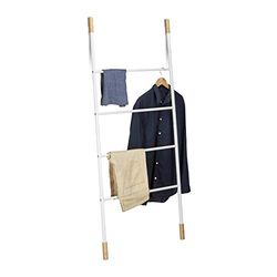Relaxdays Metal Towel Ladder Rack, 4 Rungs, Freestanding Leaning Laundry Holder, Bamboo, HWD: 150x70x2cm, White, Iron