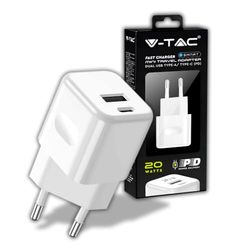V-TAC Snellader 20 W USB-C voor iPhone Samsung - Mini Ultra snelle oplader voor smartphone - Dual USB type C en USB A voor iPhone 11/12 / 13/14 / PRO/MAX en S21 / S22