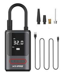 Hy-Pro Electric Cordless Air Pump - Portable Inflator Pump for Inflating Sports Ball, Motorcycle, Bicycle & Car Tyres, 4 Nozzles, Digital LCD Display - Adjustable Pre-Set Pressure with Auto Shut Off