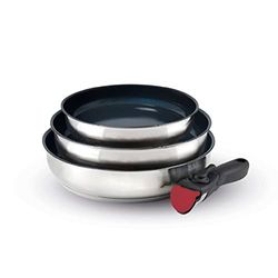 Qulinart by Brandt - Batterie de Cuisine à Induction 4 Pièces - Set de 3 Poêles Anti-Adhésives 20, 24 et 26 cm avec Poignée Amovible - Acier Inoxydable - Tout Feu - Sans PFOA - Argenté/Noir