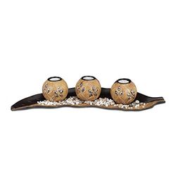 Relaxdays Suporte de velas com tigela decorativa em forma de folha e velas pequenas, areia DM, castanho, 8,5 x 50,5 x 16,5 cm