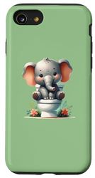 iPhone SE (2020) / 7 / 8 Green Cute Baby Elephant Sitting on Toilet Whimsical Art Case