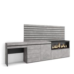 Skraut Home | Kaptafel, Make-uptafel | Toilettafel Met Opbergruimte | 284x145x35 cm | Met lade | Elektrische haard XXL | Ladekast, Commode | Lamellenwand Hout | Moderne stijl | Cement