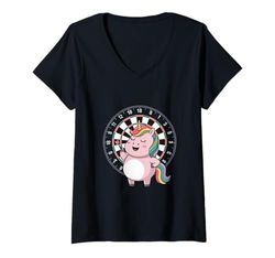 Donna Unicorno Giocare Darts Gioco Giocatore Sportivo Maglietta con Collo a V