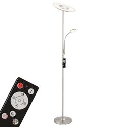 BRILONER Leuchten Candeeiro LED de pé com braço de leitura, ajustável sem níveis, com controlo remoto, metal, 28 W, 2500 lúmens, níquel mate, altura: 1,80 m, 24 W