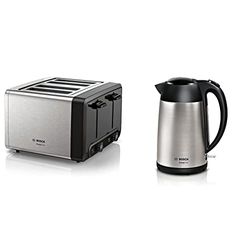 Bosch DesignLine Plus TAT4P440GB 4 Slot Stainless Steel Toaster with variable controls - Stainless Steel and DesignLine TWK3P420GB Stainless Steel Cordless Kettle, 1.7 Litres, 3000W - Silver & Black