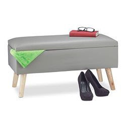 Relaxdays hocker met opbergruimte, 40 l, met deksel, houten poten, kunstleer, HxBxD: ca. 40x80x39,5 cm, grijs