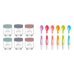 Kilner Kids Set of 6 190 ML Glass Jars, Grey,purple & Munchkin Soft Tip Toddler & Baby Spoons, Baby Weaning Spoons Set with Ergonomic Handles