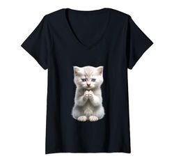 Mujer Meditar Gatito Santo Gato Mediador Fe Dios Religión Camiseta Cuello V