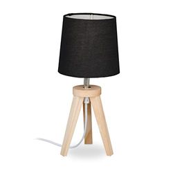 Relaxdays Lampe de chevet à 3 pieds, petite, bois et tissu, E14, design scandinave, HxD : 31 x 14 cm, nature, noir